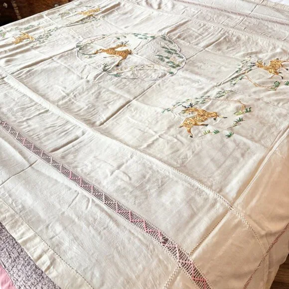 Hand Embroidered Deer & Crochet Silk Bedcover Bedspread 58 x 81